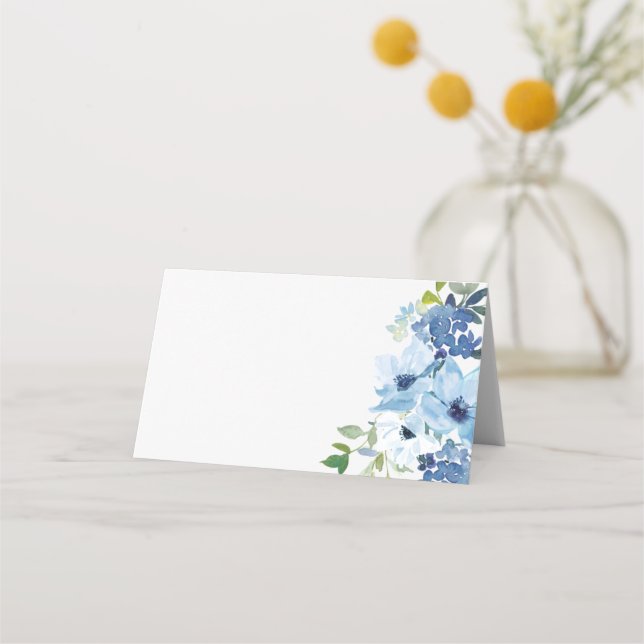 Chic Light Blue Watercolor Floral Wedding  Place Card (Front)
