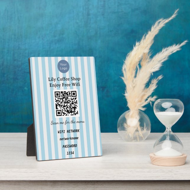 Chic Light Blue & White Stripes QR Code Wifi Plaque (Side)