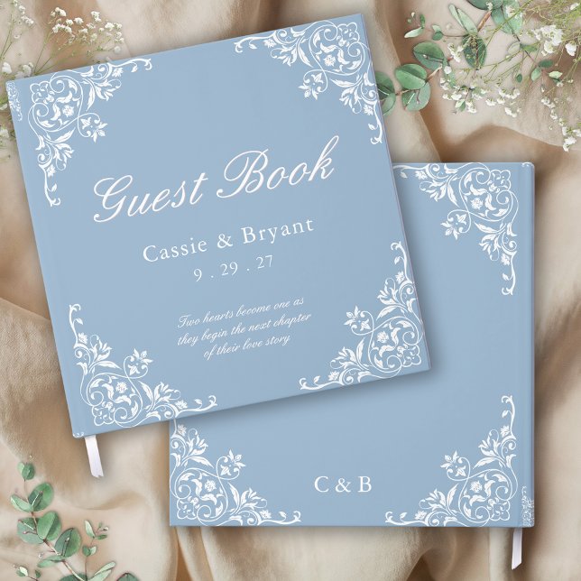 Chic Light Dusty Blue White Wedding Guest Book (formal blue and white wedding guest book with persoanlized name date monogram saying gift ideas)