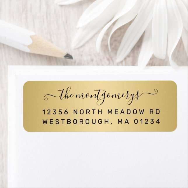 Chic Light Gold Black Script Metal Return Address (Insitu)