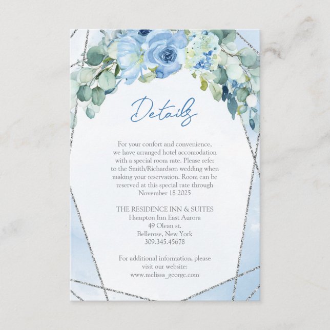 Chic light pastel blue flowers eucalyptus details enclosure card (Front)
