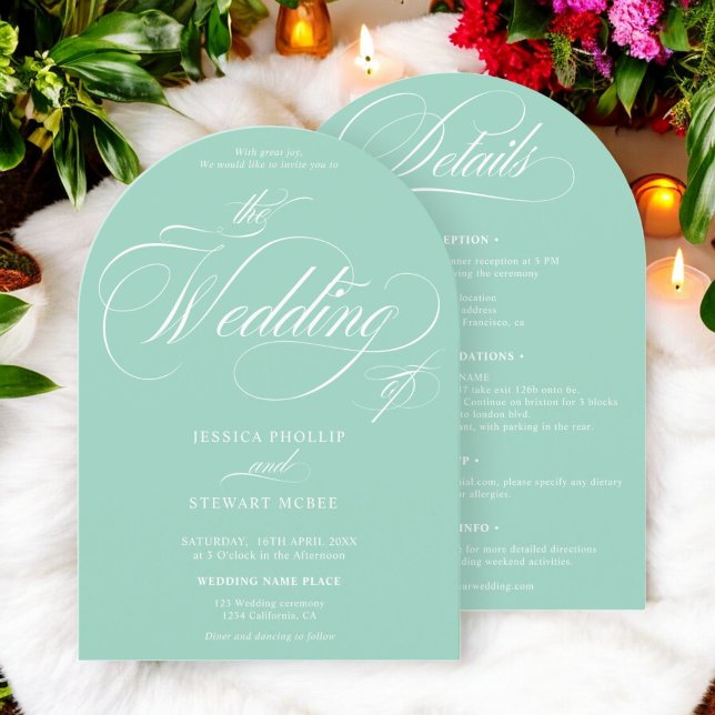 Chic light teal all in one calligraphy wedding invitation (Chic light teal all in one calligraphy wedding invitation)