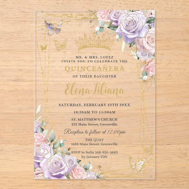 Chic Lilac Blush Floral Roses Quinceanera Sweet 16 Acrylic Invitations (Front)