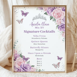 Chic Lilac Pink Floral Quinceanera Bar Drink Menu Photo Print