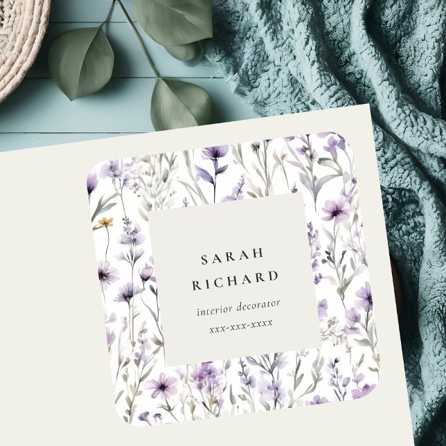 Chic Lilac Purple Wildflower Butterfly Business Square Sticker (Creator Uploaded)