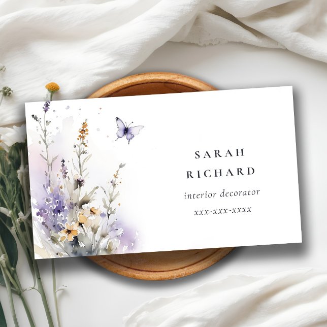 Chic Lilac Purple Wildflower Butterfly Watercolor Business Card (Creator Uploaded)