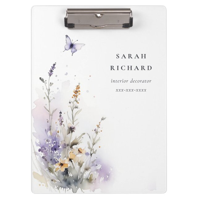 Chic Lilac Purple Wildflower Butterfly Watercolor Clipboard (Front)