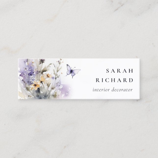 Chic Lilac Purple Wildflower Butterfly Watercolor Mini Business Card (Front)