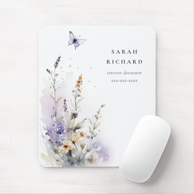 Chic Lilac Purple Wildflower Butterfly Watercolor Mouse Pad (With Mouse)