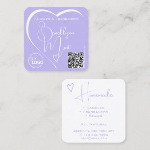 Chic Lilac White Calligraphy Heart Logo QR-Code  Square Business Card