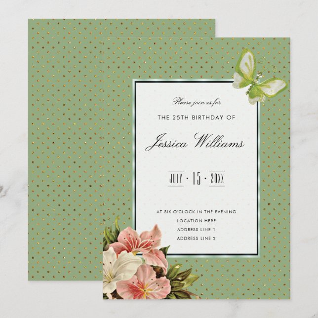 Chic Lilies & Gem Butterfly 25th Birthday Invitation (Front/Back)