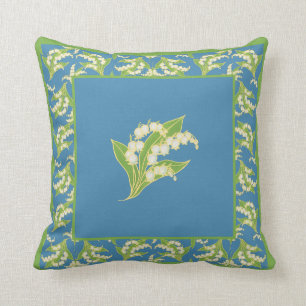 Chic Lily-of-the-Valley on Blue with Border Cushion