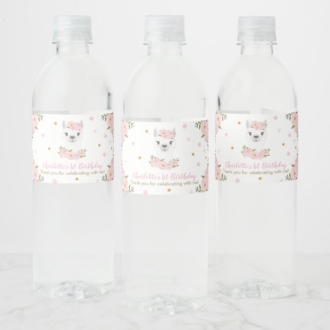 Chic Llama Blush Pink Floral Birthday Party Favour Water Bottle Label (Bottles)