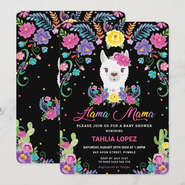 Chic Llama Mama Mexican Floral Baby Shower Girl Invitation (Front/Back)