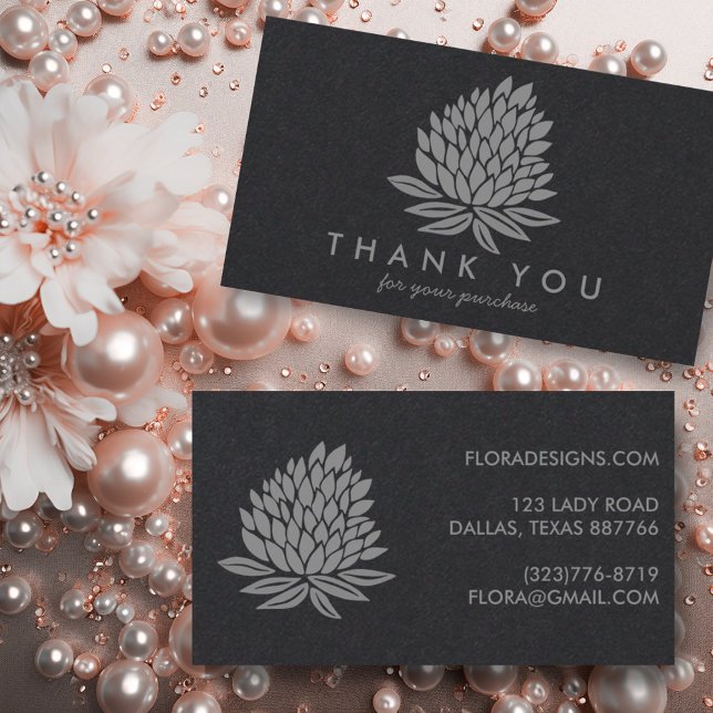 Chic Lotus Flowers Luxe Soft Grey Order Thank You Business Card (Custom order thank you cards with luxe lotus design. Customer appreciation card)