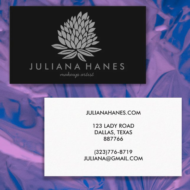 Chic Lotus Flowers Minimalist Grey Black Business Card (Creator Uploaded)