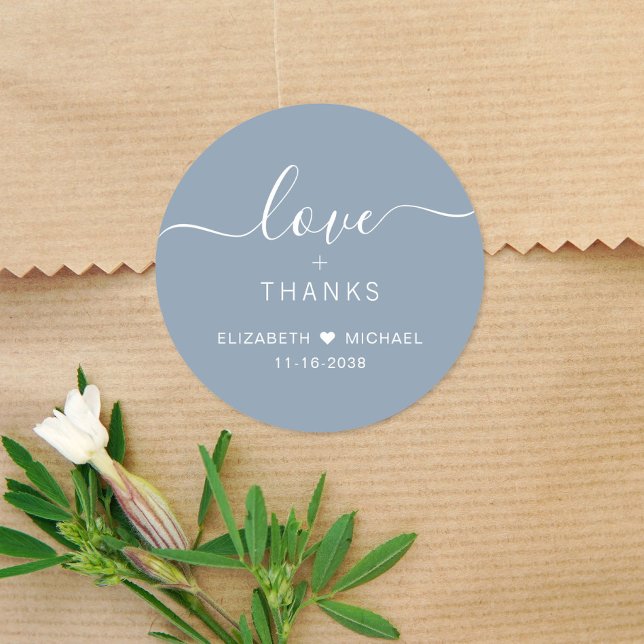 Chic Love And Thanks Dusty Blue Wedding Thank You Classic Round Sticker (Creator Uploaded)