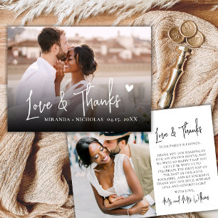 Chic Love and Thanks Heart Script 2 Photo Wedding Thank You Card