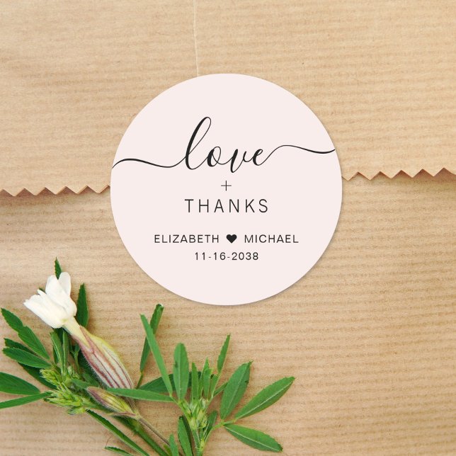 Chic Love And Thanks Pink Wedding Thank You Classic Round Sticker (Creator Uploaded)