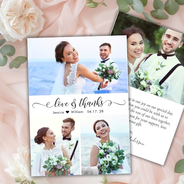 Chic Love and Thanks Script Photo Collage Wedding Thank You Card (Creator Uploaded)