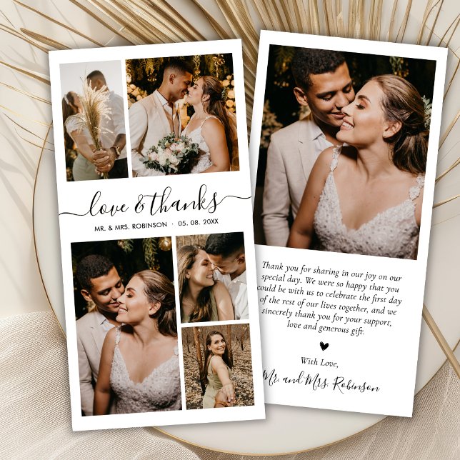 Chic Love and Thanks Script Photo Collage Wedding Thank You Card (Creator Uploaded)