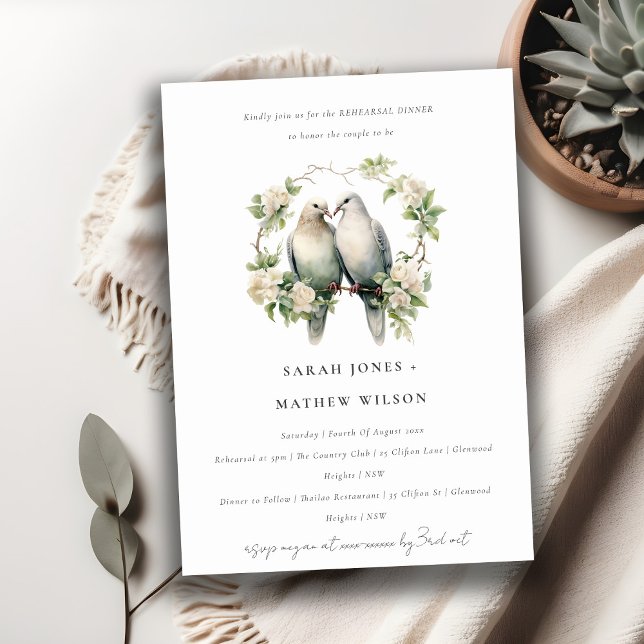 Chic Love Birds Botanical Wreath Rehearsal Dinner Invitation (Creator Uploaded)