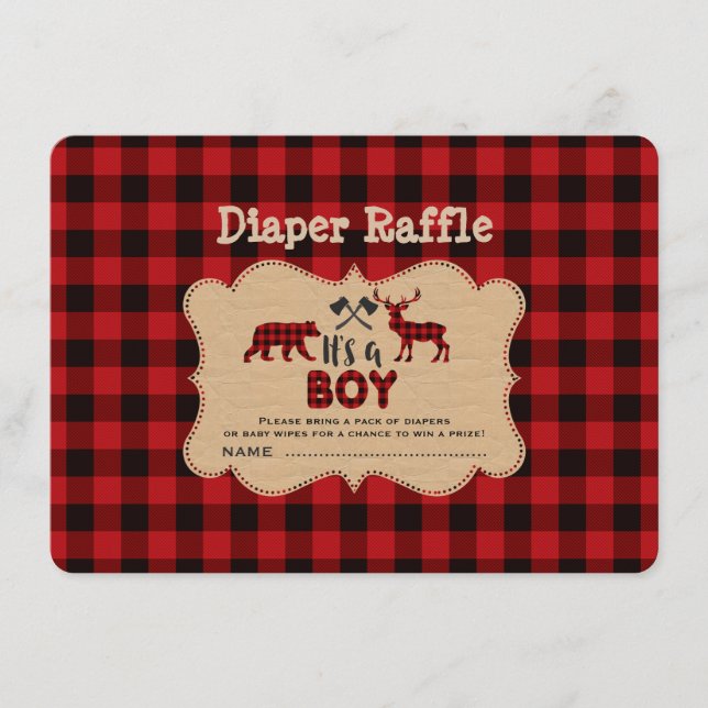 Chic Lumberjack Little Hunter Diaper Raffle Ticket Enclosure Card (Front)