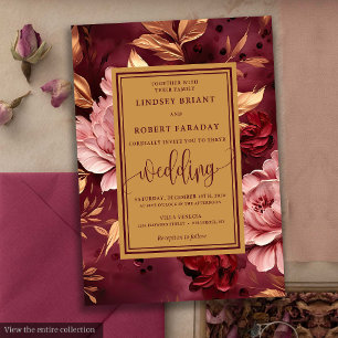 Chic Lux Burgundy Blush Gold Floral Wedding Invite