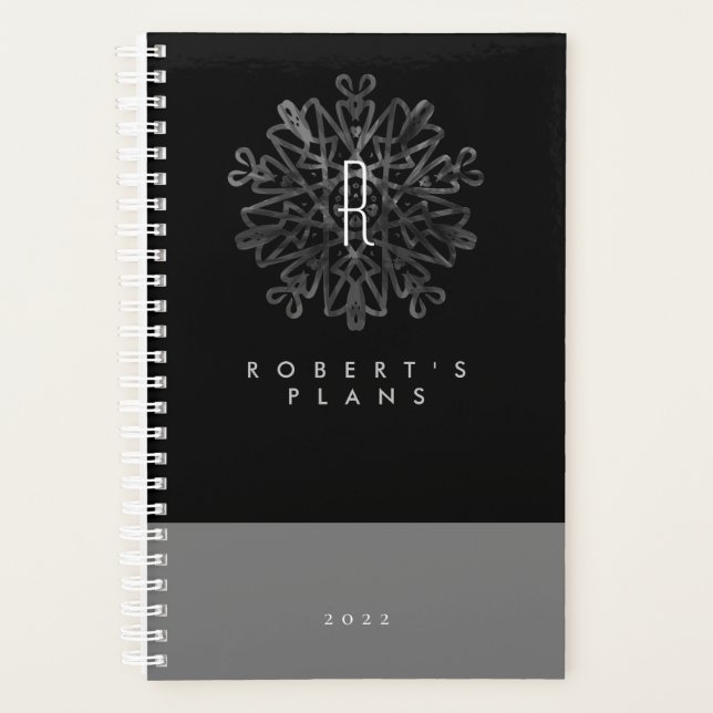 Chic Luxurious Black and White ornate Monogrammed  Planner (Front)