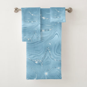 Chic Luxury Baby Blue Silver Glitter Bath Towel Set