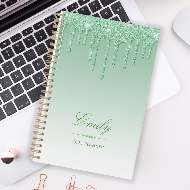 Chic Luxury Glitter Drips Personalised Green 2025 Planner (Creator Uploaded)