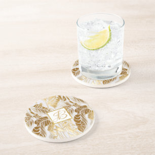 Chic Luxury Monogrammed Monstera Leaf Coaster