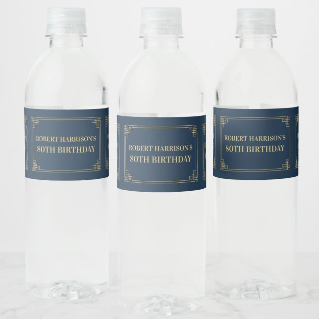 Chic Luxury Navy Gold 80th Birthday Water Bottle Label (Creator Uploaded)
