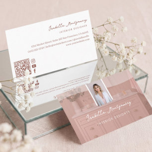 Chic Luxury Pink Script Interior Designer Photo QR Business Card