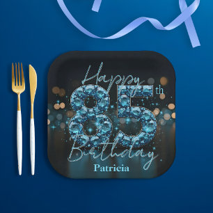 Chic Luxury Sapphire Blue and Black 85th Birthday Paper Plate