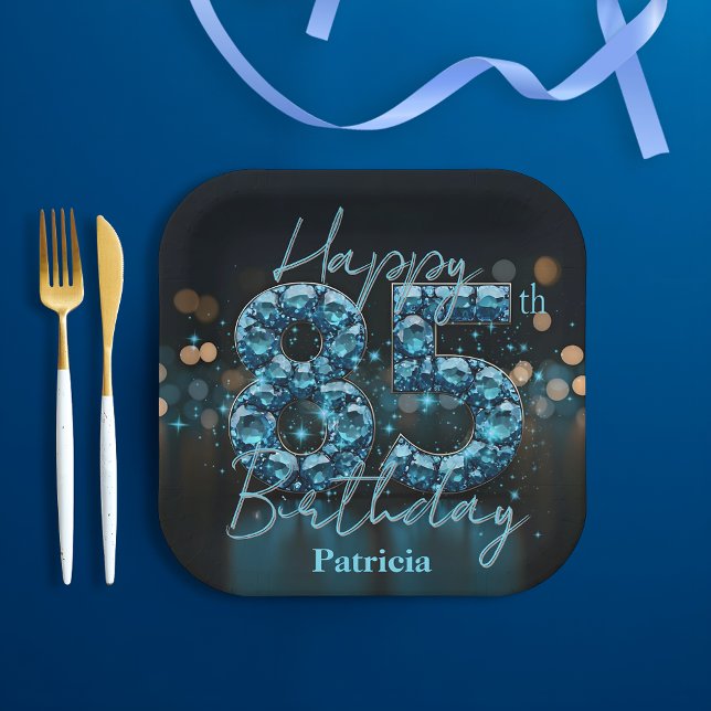 Chic Luxury Sapphire Blue and Black 85th Birthday Paper Plate (Creator Uploaded)