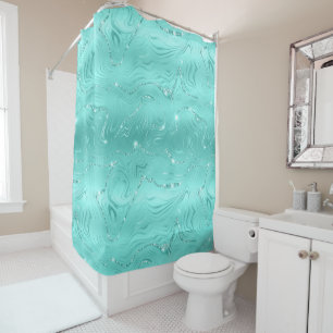 Chic Luxury Turquoise Silver Glitter Pattern Shower Curtain