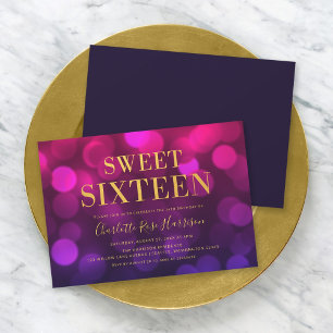 Chic Magenta Bokeh Lights Sweet Sixteen Birthday Invitation