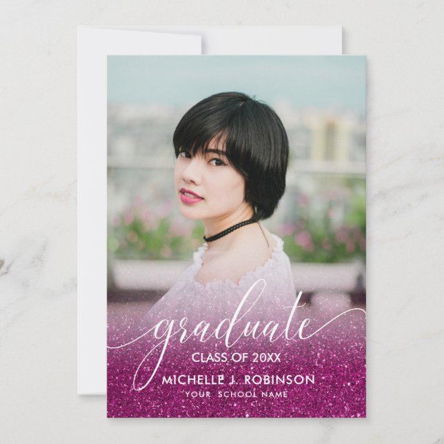 Chic Magenta Glitter Ombre Girly Photo Graduation Announcement (Front)