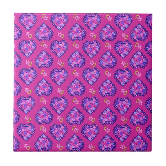 Chic Magenta Hearts and Flowers Ceramic Tile (Front)