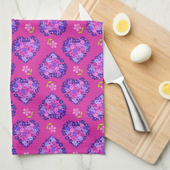 Chic Magenta Hearts and Flowers Kitchen Towel (Quarter Fold)