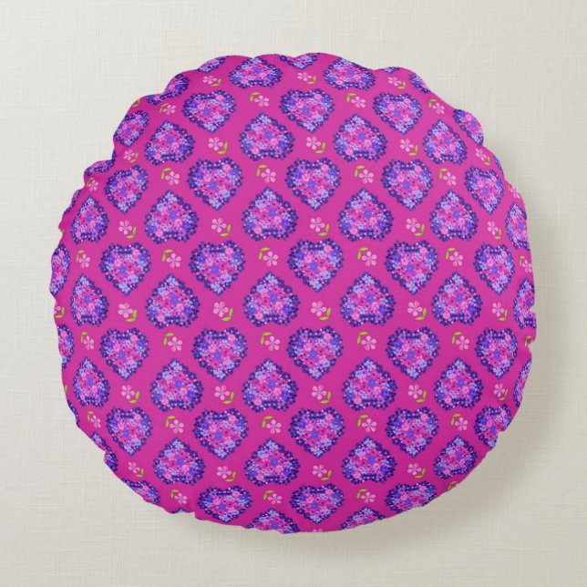Chic Magenta Hearts and Flowers Round Pillow (Front)