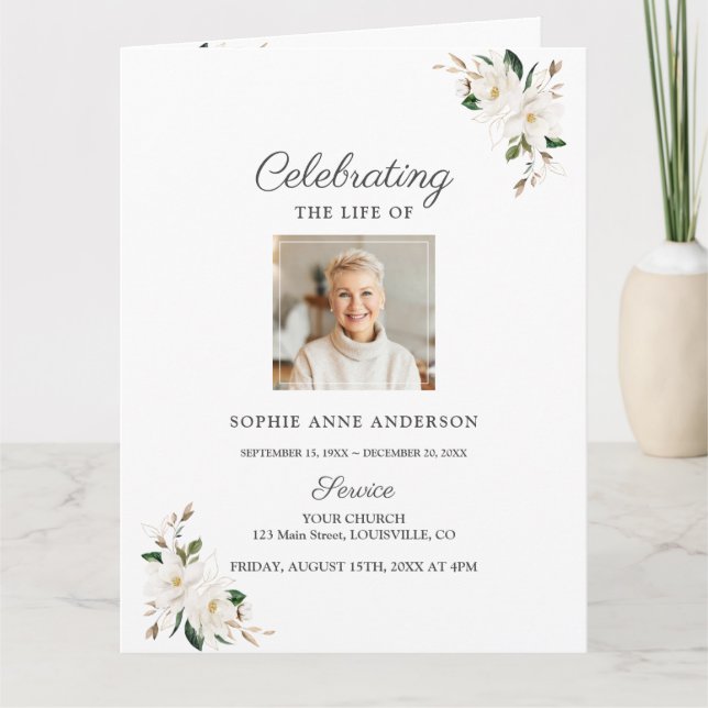 Chic Magnolia Floral Funeral Service Photo Program Card (Front)