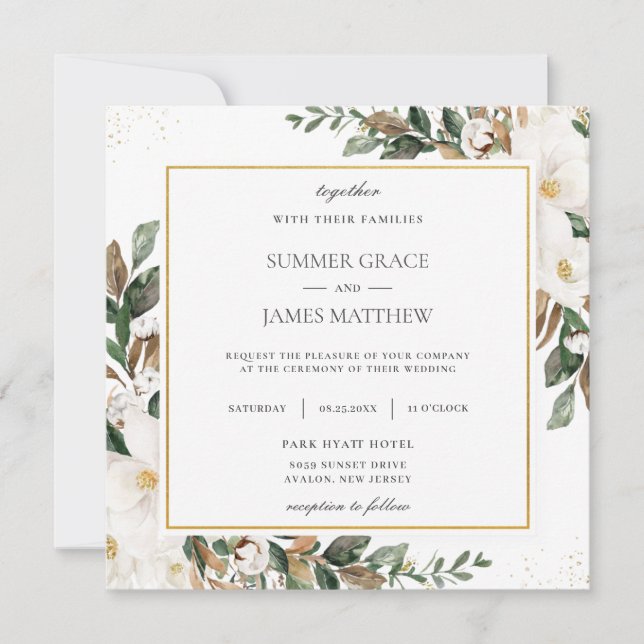Chic Magnolia Floral Greenery Wedding Square    In Invitation (Front)