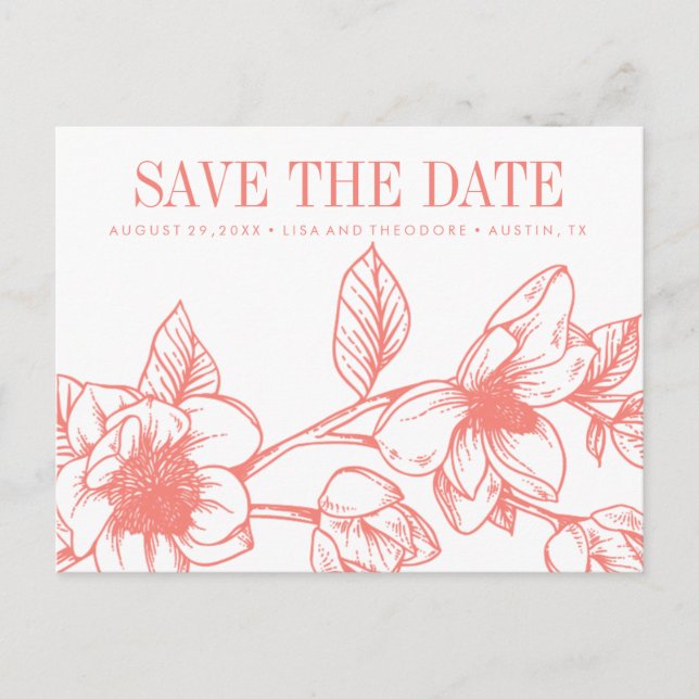 Chic Magnolia Flowers | Coral | Save the date Announcement Postcard (Front)
