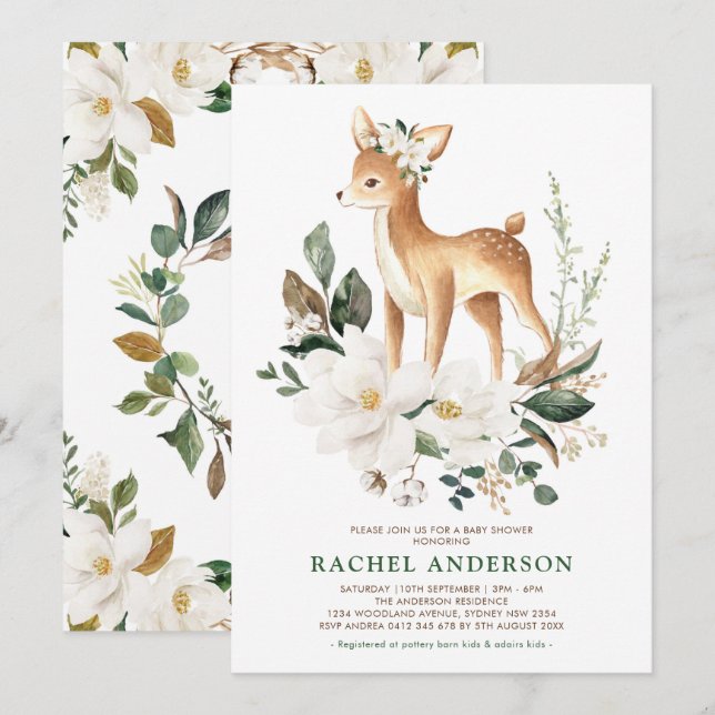 Chic Magnolia Woodland Deer Neutral Baby Shower Invitation (Front/Back)