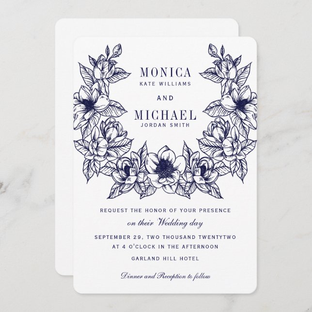 Chic Magnolia Wreath | Navy Blue Wedding Invitation (Front/Back)