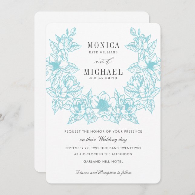 Chic Magnolia Wreath | Pale Blue | Wedding Invitation (Front/Back)