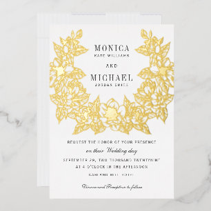 Chic Magnolia Wreath  Wedding Invitation gold foil