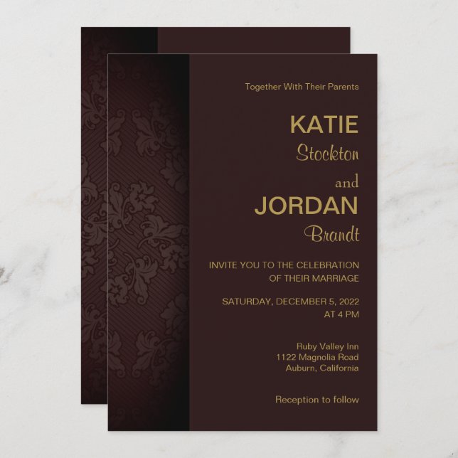 Chic Mahogany Damask Wedding Invitation (Front/Back)